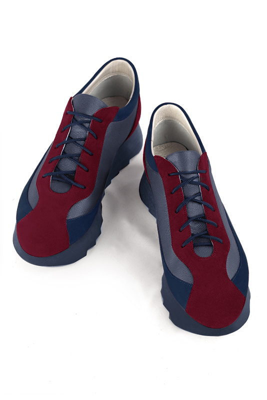 French elegance and refinement for these burgundy red and denim blue three-tone dress sneakers, 
                available in many subtle leather and colour combinations. Nice Sneakers of "Ville". 
Fine and elegant, it will replace a traditional model.
All color combinations are possible, have fun customizing it.  
                Matching clutches for parties, ceremonies and weddings.   
                You can customize these sneakers to perfectly match your tastes or needs, and have a unique model.  
                Choice of leathers, colours, and soles. 
                Wide range of materials and shades carefully chosen.  
                Small and large shoe sizes - Florence KOOIJMAN